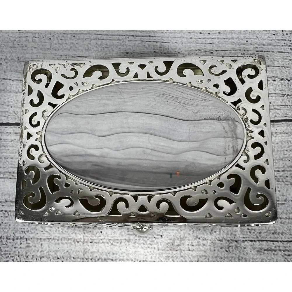 Things Remembered Silver-Plated Jewelry Box Filigree Design Pearl Velvet Lining